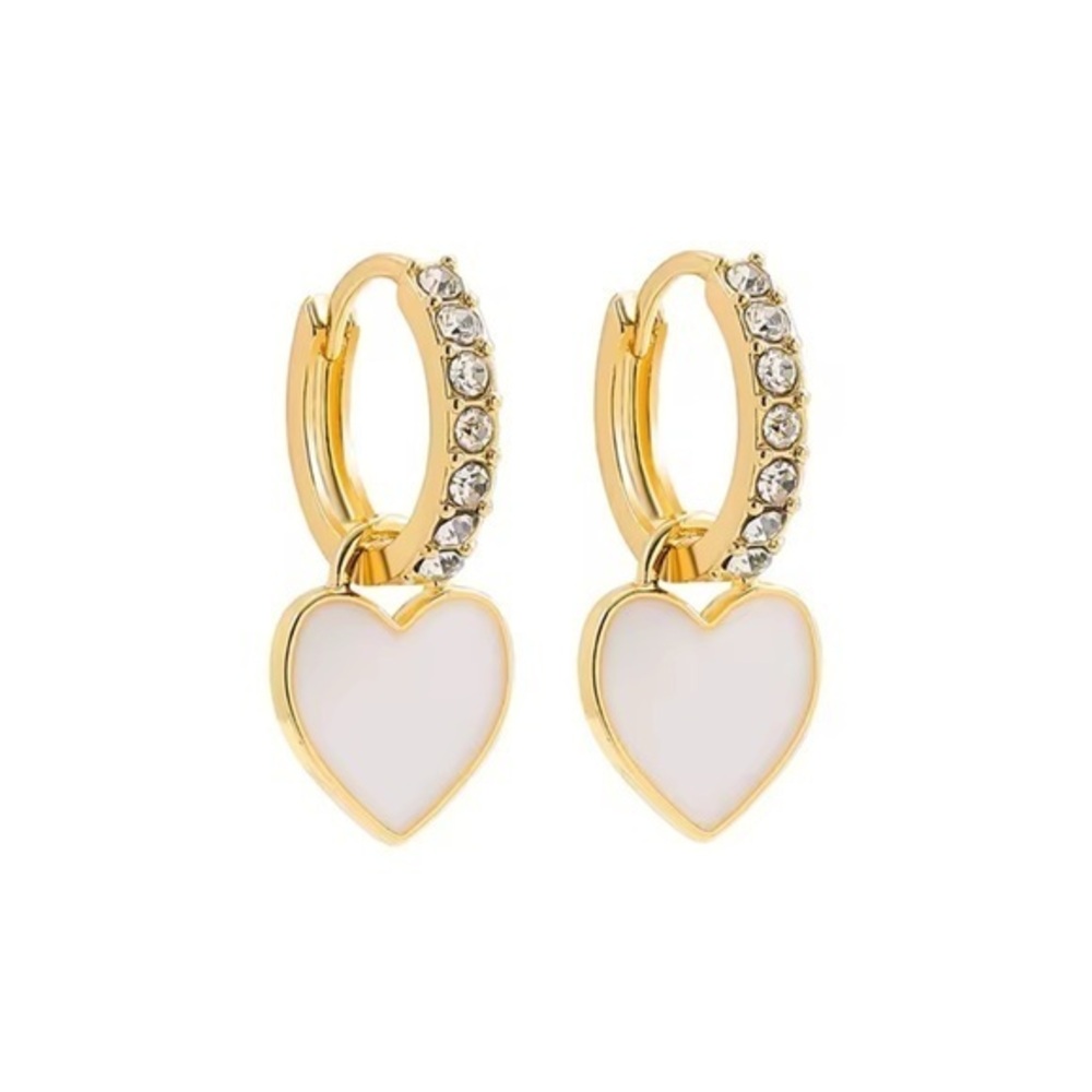 Gold and White Heart Hoop Earrings